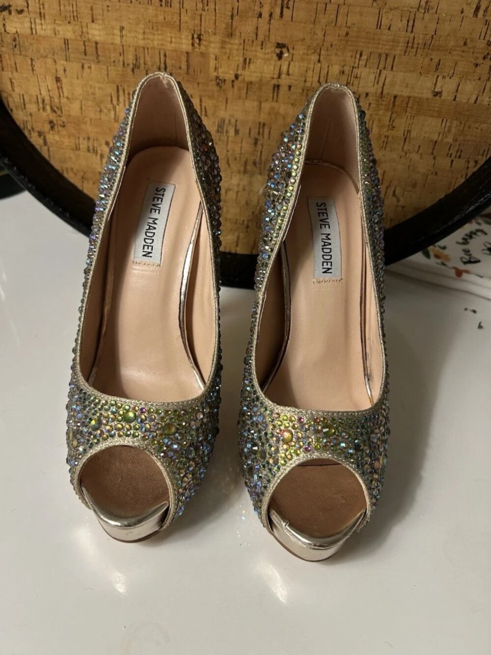 Steve Madden Women’s Gold Rhinestone Glitter Peep Toe Platform Pumps 7.5